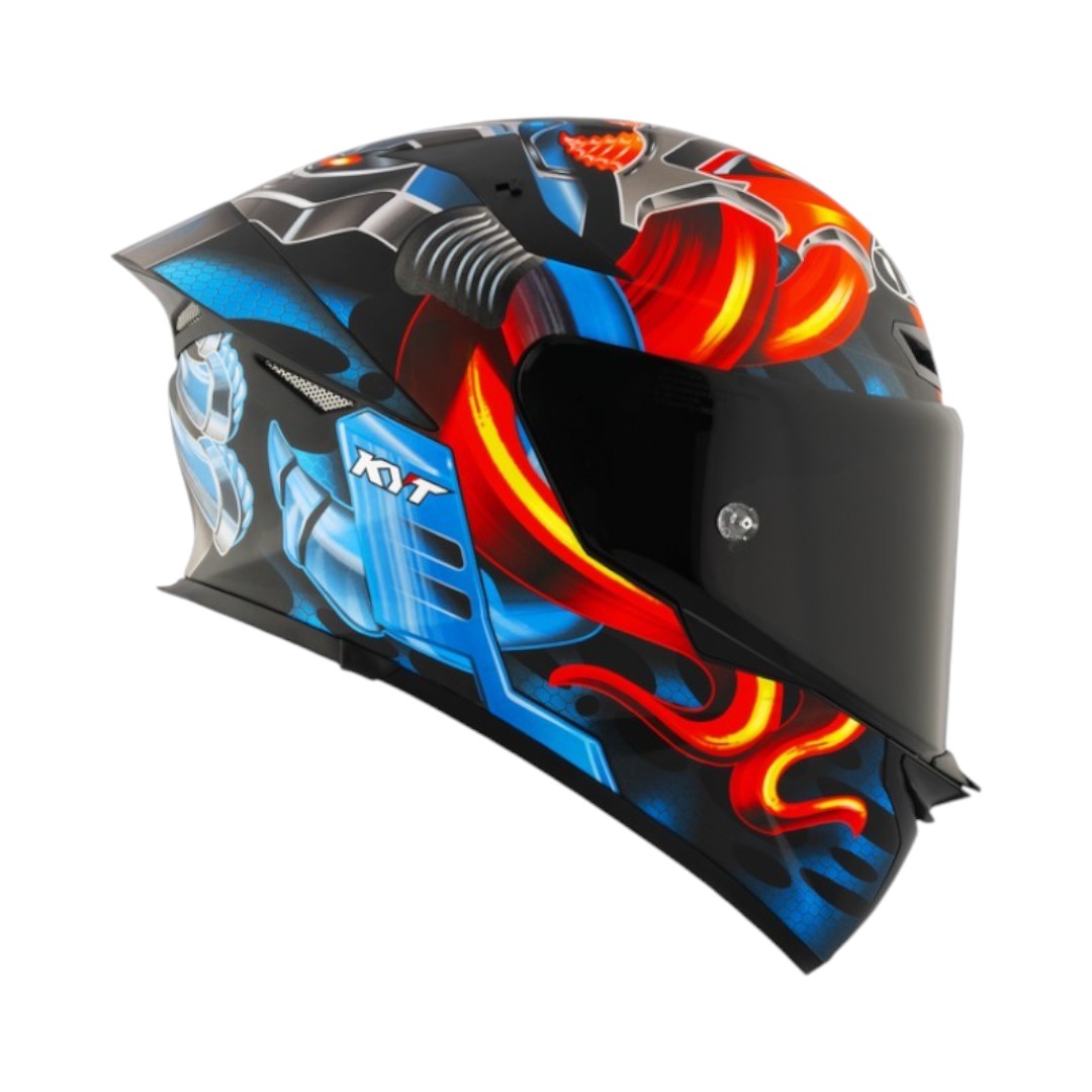 Motodrift KYT TT Revo Magnet matte motorcycle helmet featuring a vibrant blue and red graphic design and aerodynamic shell