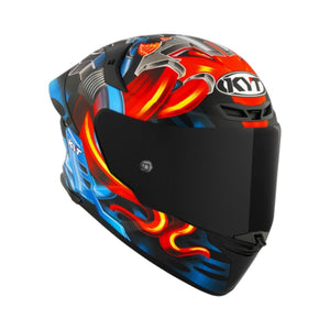 Motodrift KYT TT Revo Magnet matte motorcycle helmet with vibrant red and blue flame graphics and tinted visor