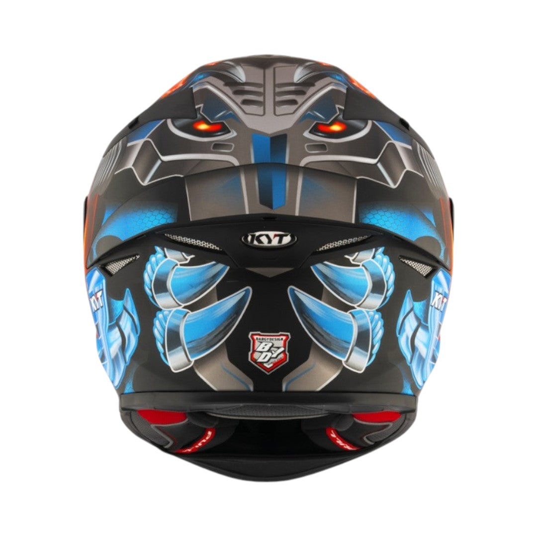 Motodrift KYT TT Revo Magnet matte motorcycle helmet with aerodynamic spoiler and blue and orange graphic design