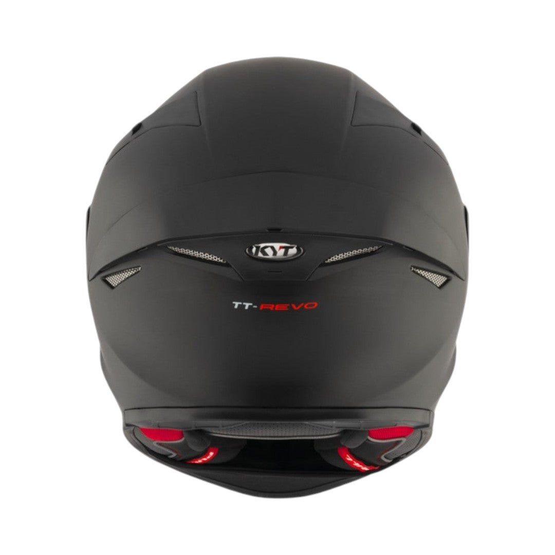 Motodrift KYT TT Revo Plain matte black sport touring helmet, rear view showing aerodynamic shell and ventilation.