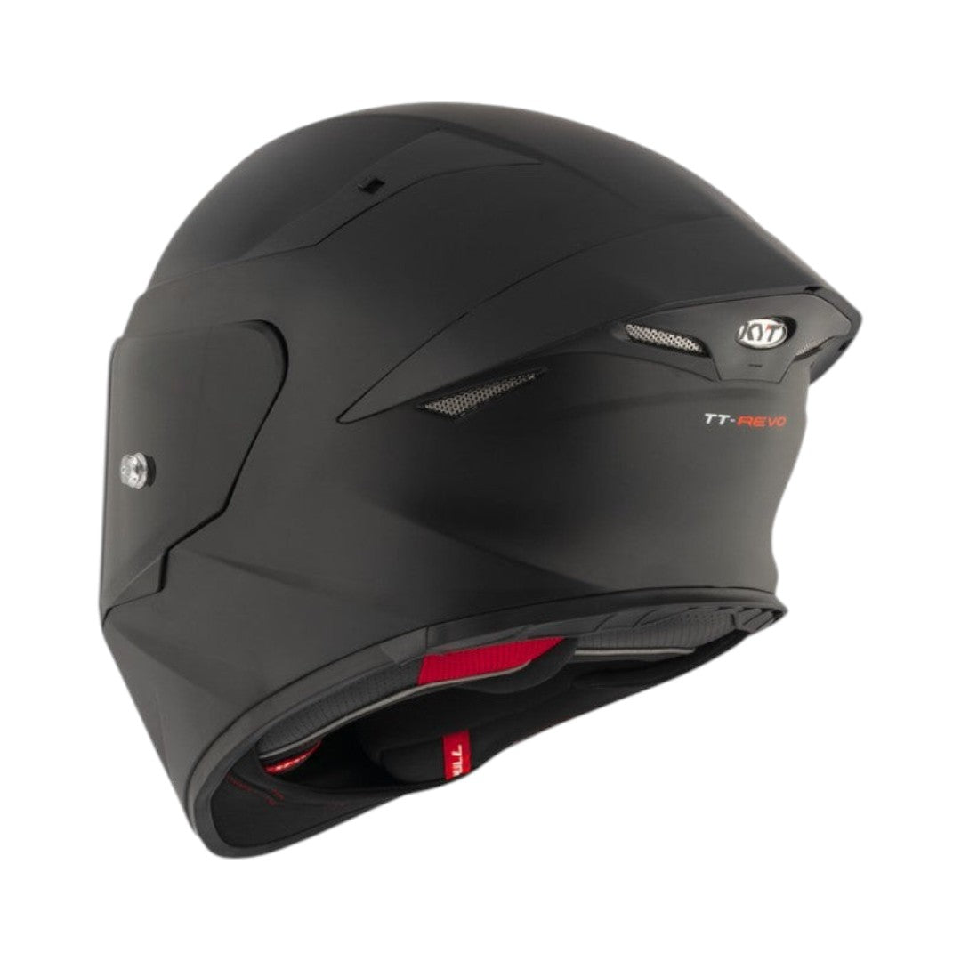 Motodrift KYT TT Revo Plain matte black sport touring helmet, rear view showing aerodynamic shell and ventilation.