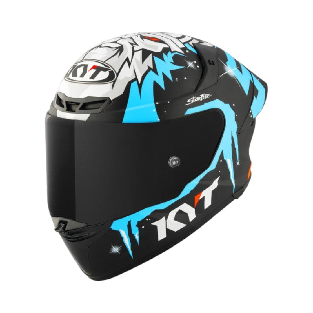 Motodrift KYT TT Revo Jaume Masia Winter Test replica helmet in matte black with blue and white graphic design.