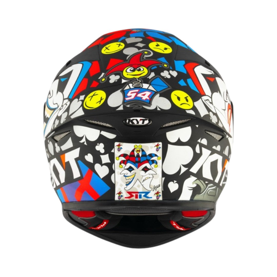 Motodrift KYT TT Revo Ricardo Rossi 2022 replica helmet with matte finish, featuring vibrant jester and emoji graphics.