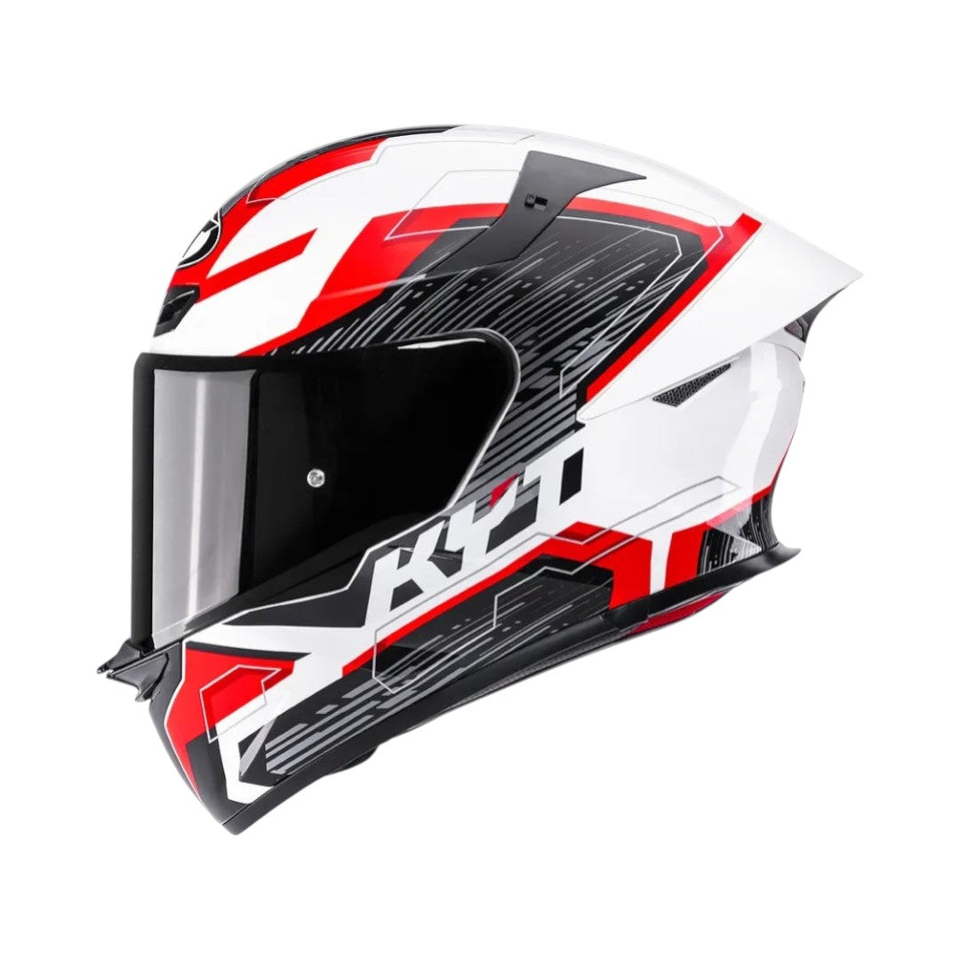 Motodrift KYT TT Revo Speeding full face motorcycle helmet in white, red, and black with aerodynamic racing design