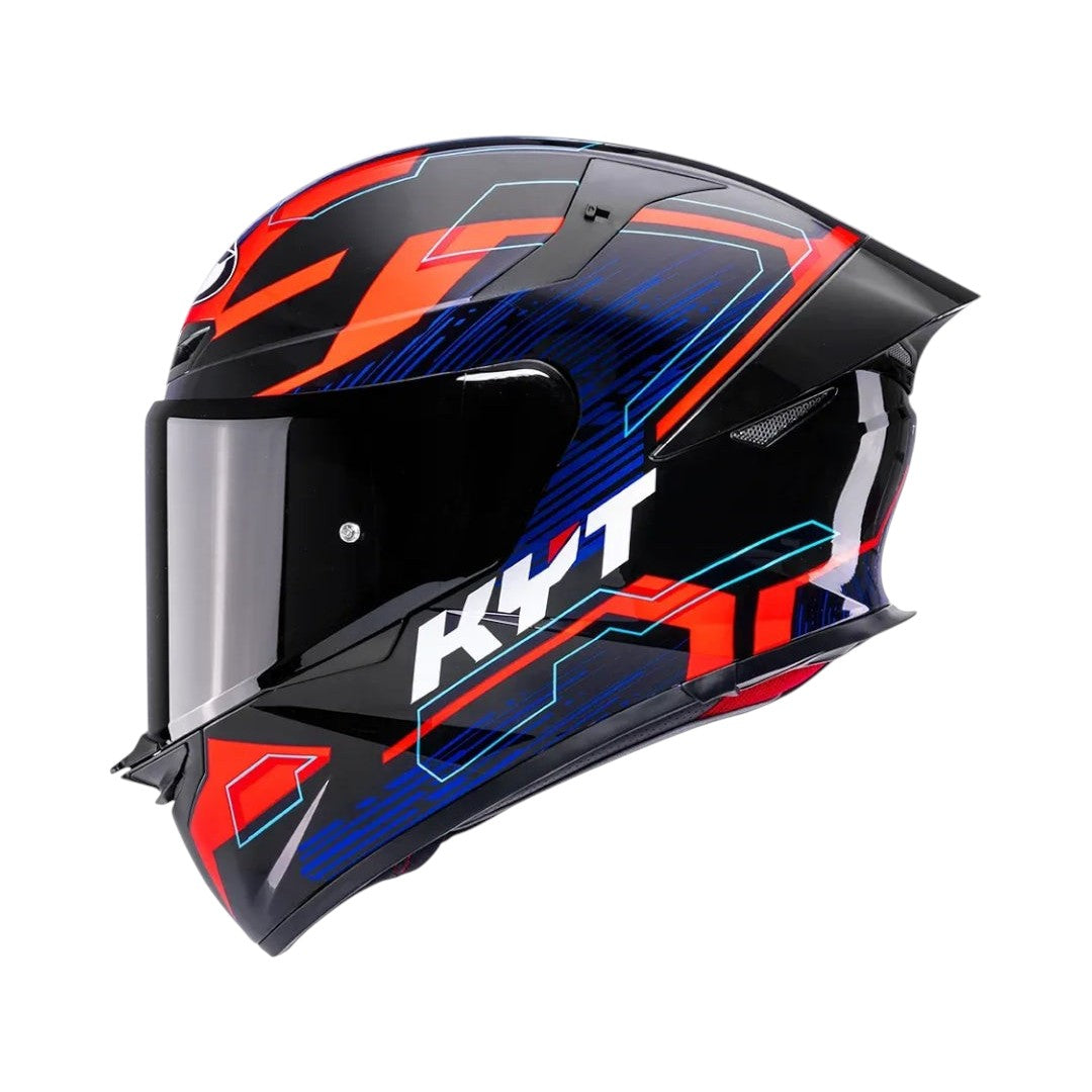 Motodrift KYT TT Revo Speeding full face motorcycle helmet in black with red and blue aerodynamic racing graphics