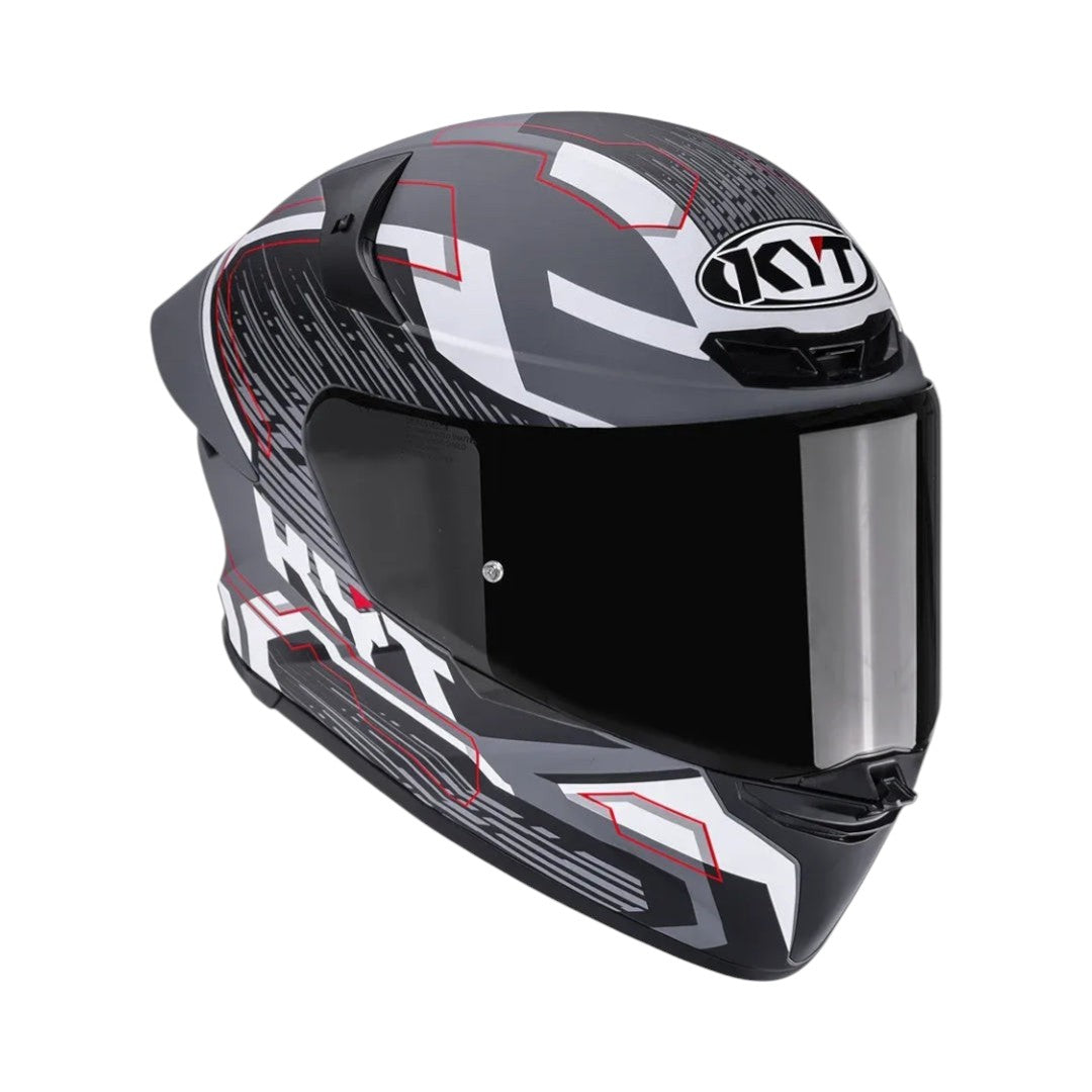 Motodrift KYT TT Revo Speeding full face motorcycle helmet in grey with red and white aerodynamic racing graphics
