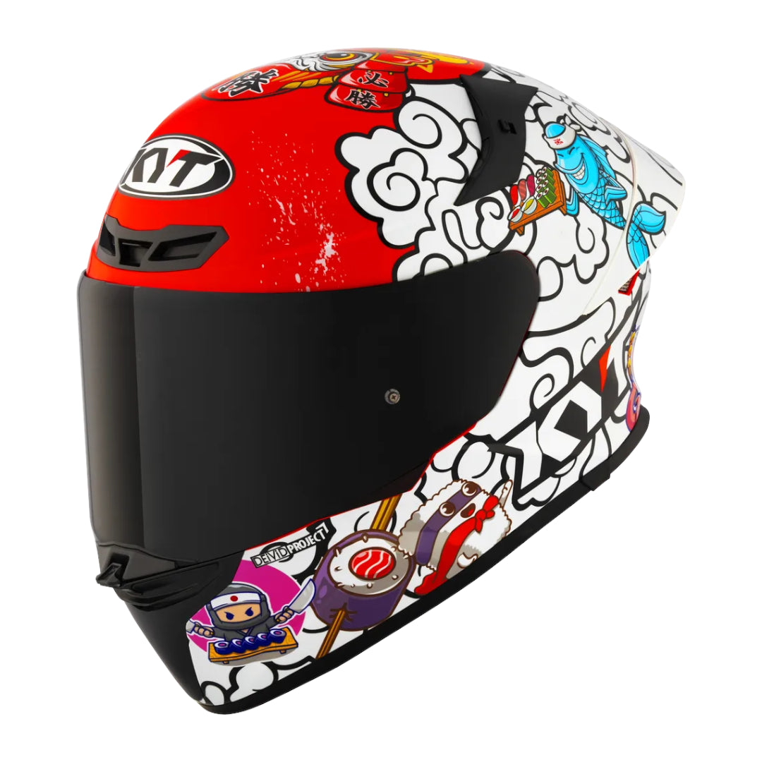 Motodrift KYT TT Revo Sushi Time sport touring helmet with a white, red, and black graphic sushi-themed design.