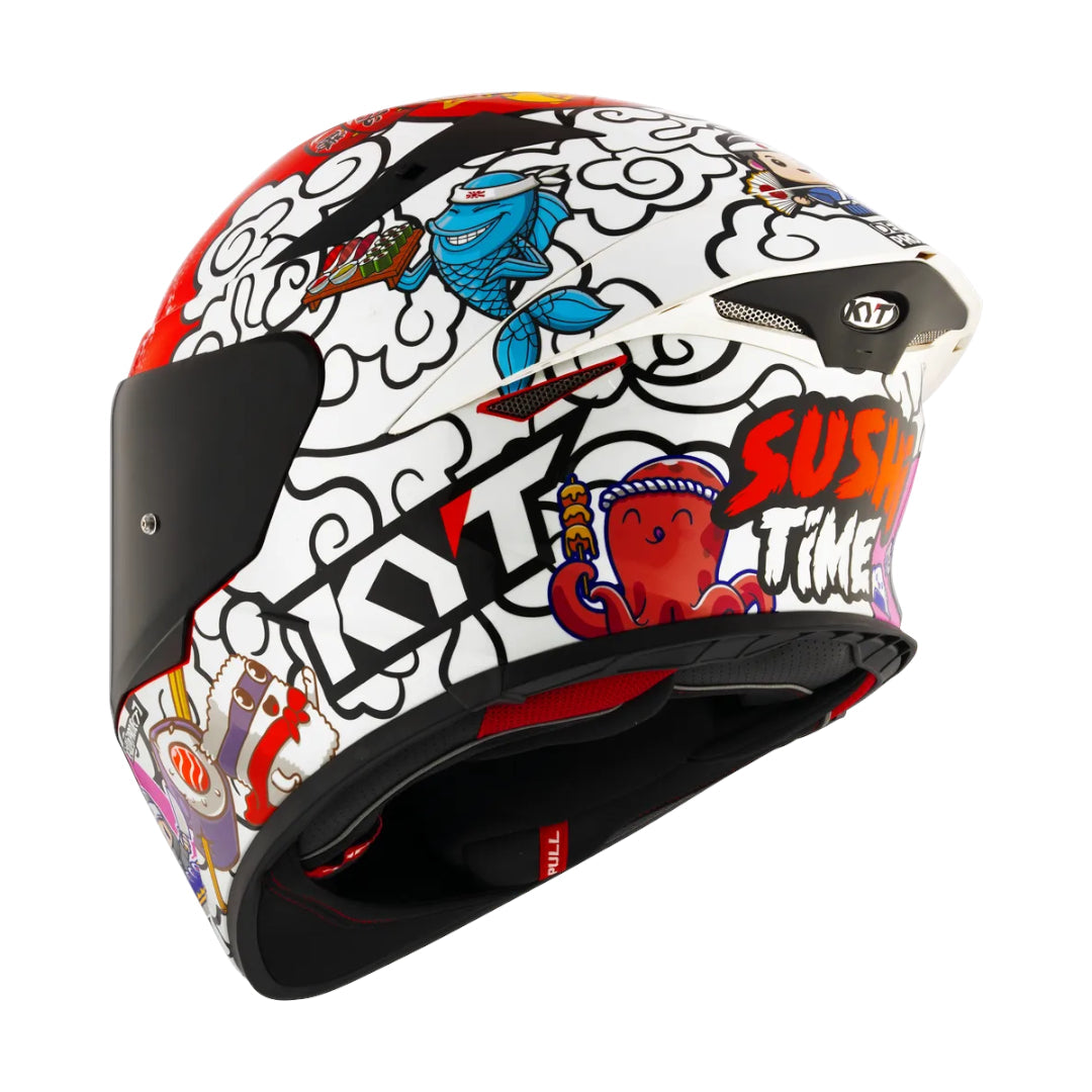 Motodrift KYT TT Revo Sushi Time sport touring helmet with white shell, red accents, and colorful sushi-themed graphics