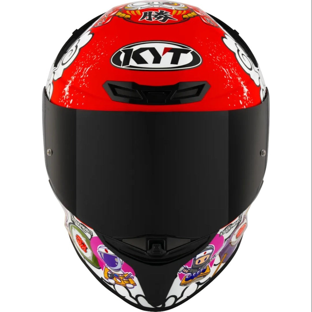 Motodrift KYT TT Revo Sushi Time sport touring helmet with a vibrant red graphic design and dark tinted visor