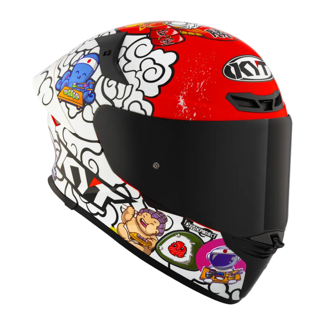 Motodrift KYT TT Revo Sushi Time sport touring helmet with vibrant red and white graphic octopus and sushi print