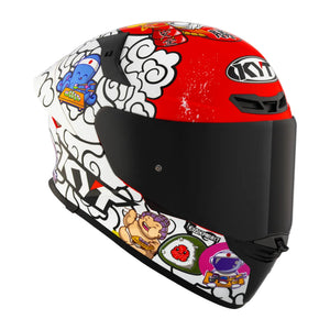 Motodrift KYT TT Revo Sushi Time sport touring helmet with vibrant red and white graphic octopus and sushi print