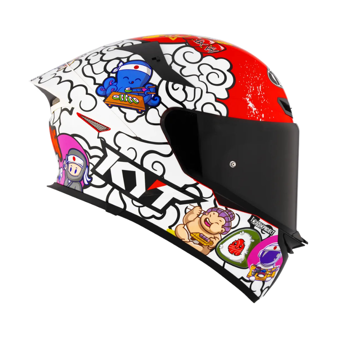 Motodrift KYT TT Revo Sushi Time sport touring helmet with vibrant Japanese-inspired cartoon graphics and tinted visor