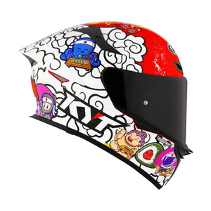 Motodrift KYT TT Revo Sushi Time sport touring helmet with vibrant Japanese-inspired cartoon graphics and tinted visor