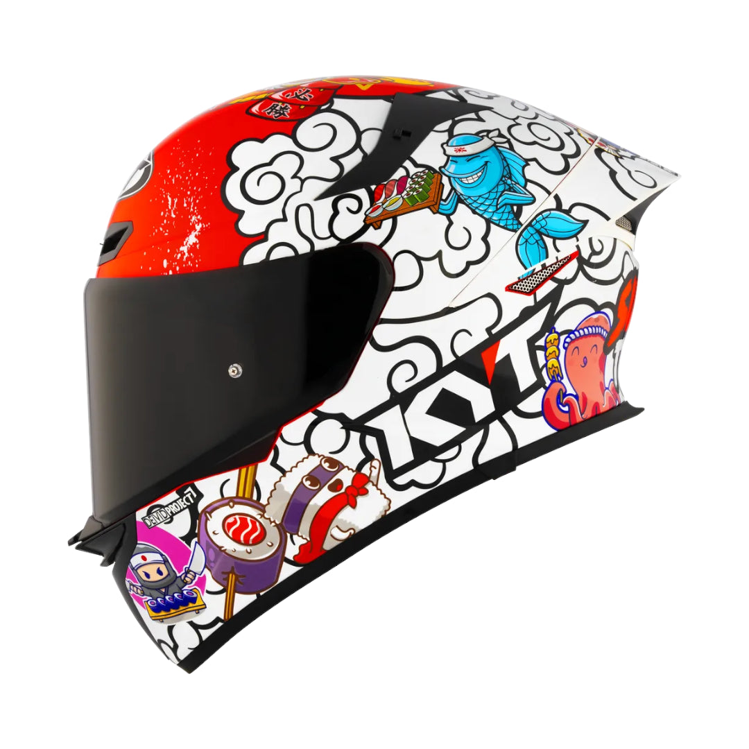 Motodrift KYT TT Revo Sushi Time sport touring helmet with vibrant sushi-themed graphic and tinted visor