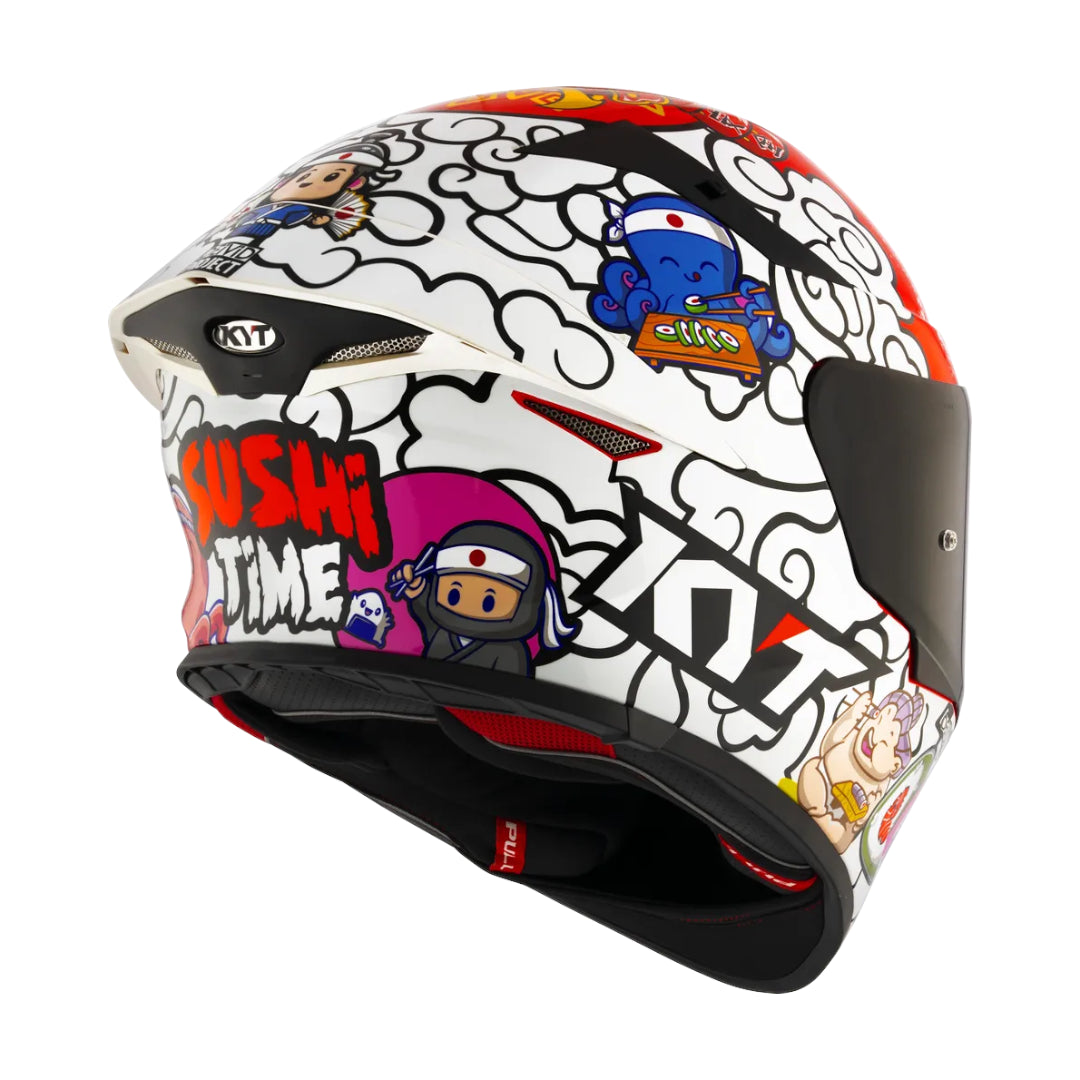 Motodrift KYT TT Revo Sushi Time sport touring helmet with white base, colorful sushi-themed graphics, and rear view.