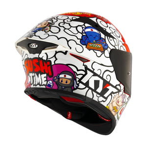 Motodrift KYT TT Revo Sushi Time sport touring helmet with white base, colorful sushi-themed graphics, and rear view.