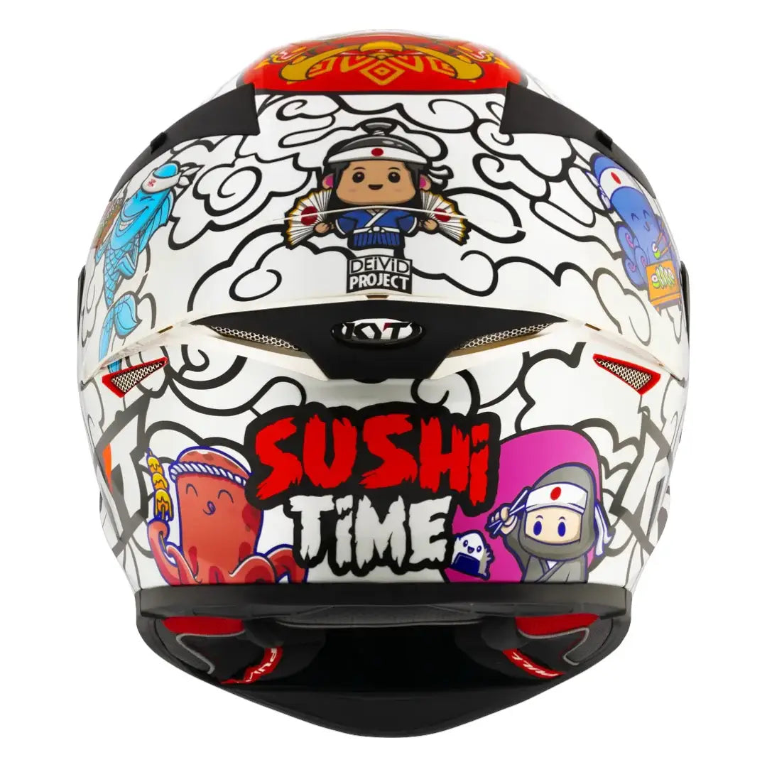 Motodrift KYT TT Revo Sushi Time sport touring helmet featuring a white shell with colorful Japanese-themed graphics