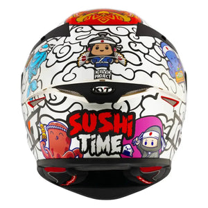 Motodrift KYT TT Revo Sushi Time sport touring helmet featuring a white shell with colorful Japanese-themed graphics