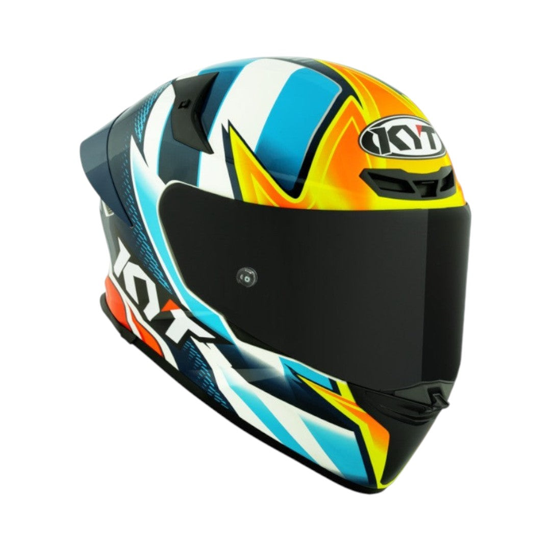 Motodrift KYT TT Revo Tati Replica full-face motorcycle helmet with aerodynamic design and vibrant multi-color graphic