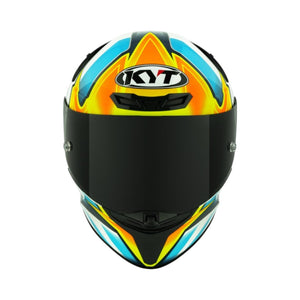 Motodrift KYT TT Revo Tati Replica full-face helmet with vibrant orange, yellow, and blue graphic design