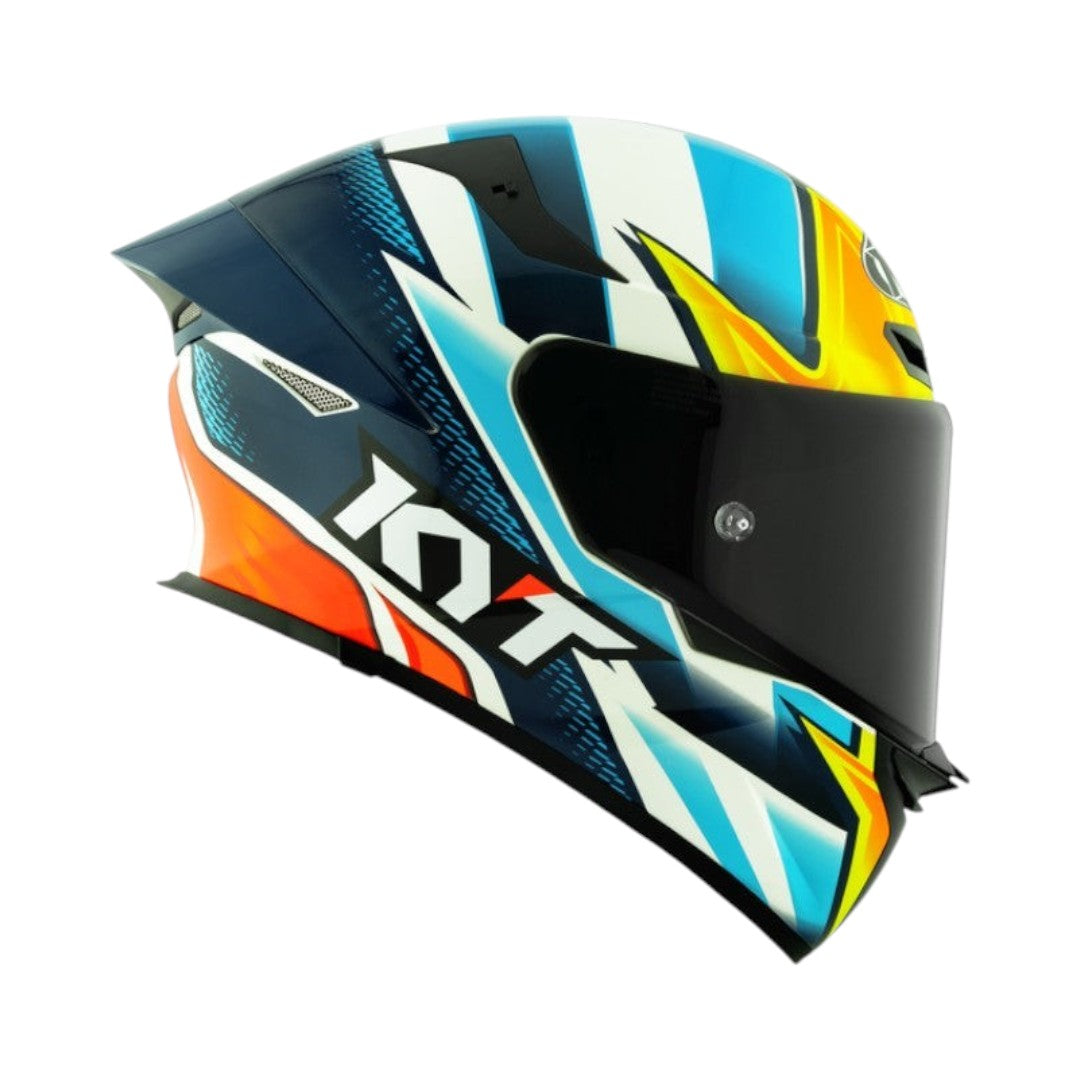 Motodrift KYT TT Revo Tati Replica full-face motorcycle helmet with aerodynamic design in blue, white, and yellow