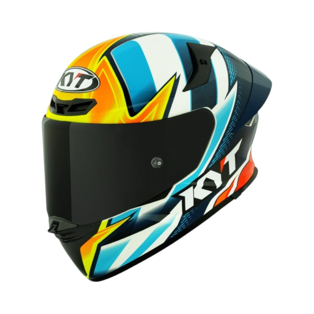 Motodrift KYT TT Revo Tati Replica full-face motorcycle helmet with a vibrant blue, orange, and white graphic design