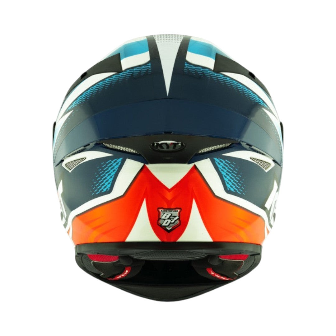 Motodrift KYT TT Revo Tati Replica motorcycle helmet, rear view showing aerodynamic spoiler and graphic design.