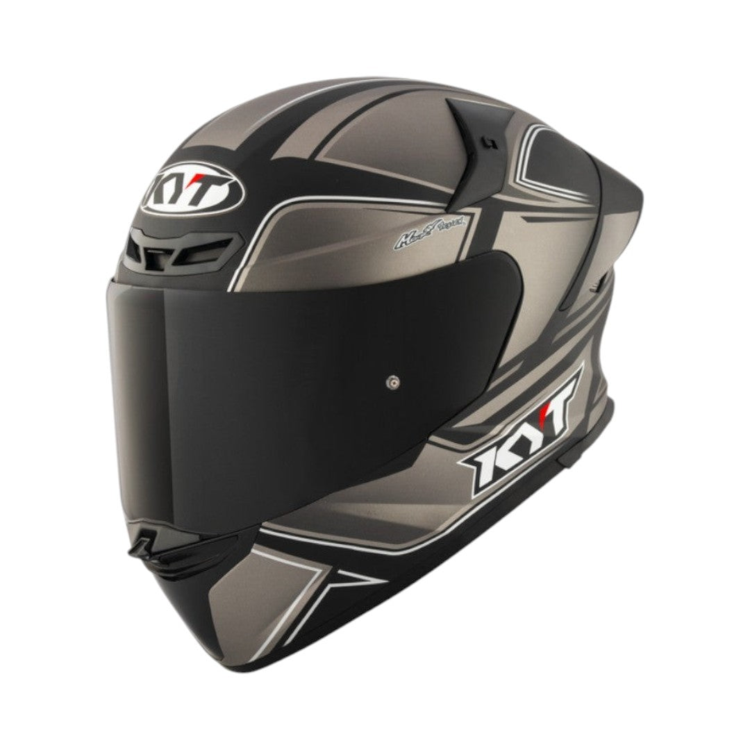 Motodrift KYT TT Revo Tourist full-face motorcycle helmet in grey and black with aerodynamic spoiler and dark visor