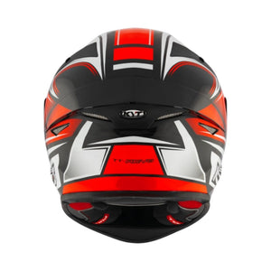 Motodrift KYT TT Revo Tourist motorcycle helmet in black, red, and white with aerodynamic spoiler and rear vents