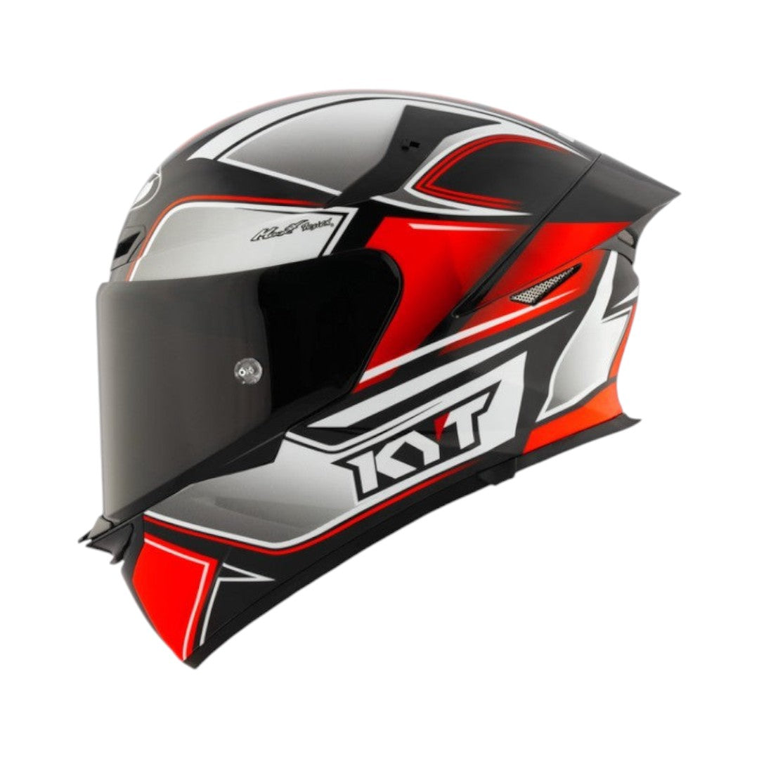 Motodrift KYT TT Revo Tourist full-face motorcycle helmet in black, white, and red with aerodynamic spoiler.