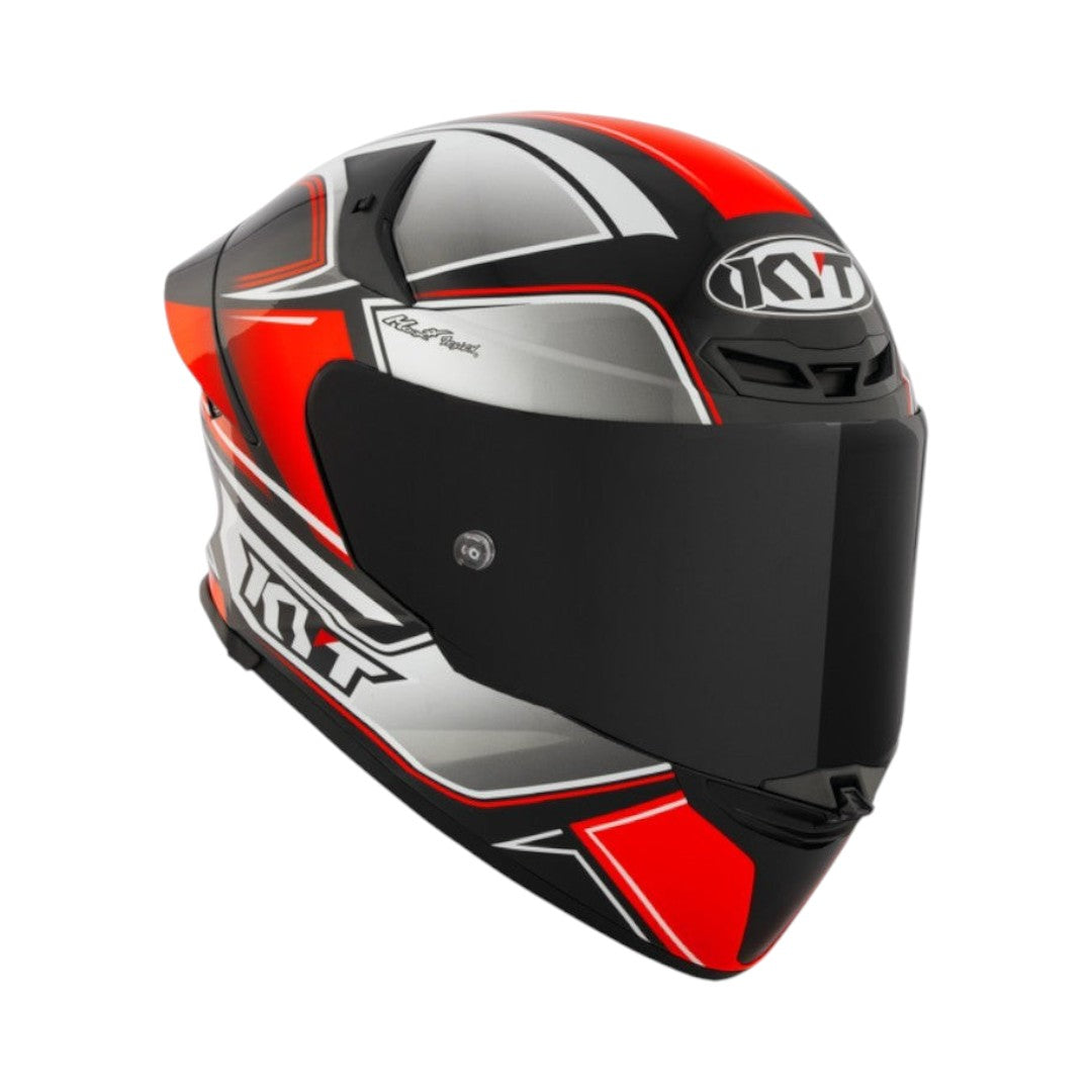 Motodrift KYT TT Revo Tourist full-face motorcycle helmet in red, black, and silver with an aerodynamic design