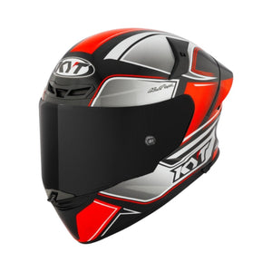Motodrift KYT TT Revo Tourist motorcycle helmet in red, black, and silver with an aerodynamic design and tinted visor.