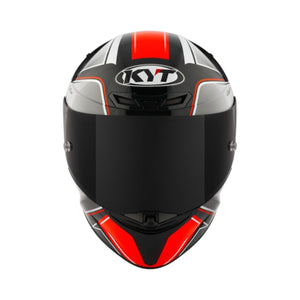 Motodrift KYT TT Revo Tourist motorcycle helmet in black, white, and red with a dark tinted visor, front view.