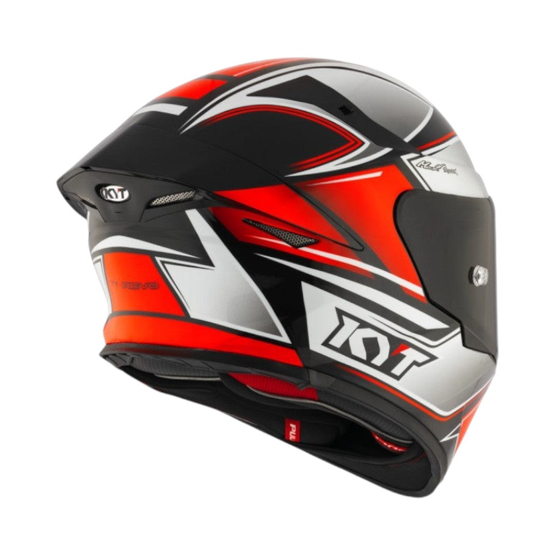 Motodrift KYT TT Revo Tourist motorcycle helmet in red, black, and silver with aerodynamic spoiler and visor lock