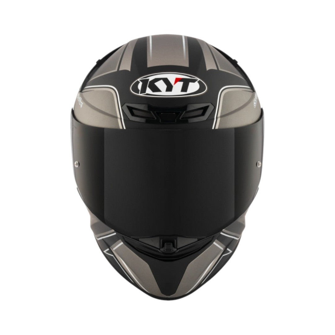 Motodrift KYT TT Revo Tourist motorcycle helmet in black and grey with an aerodynamic design and tinted visor