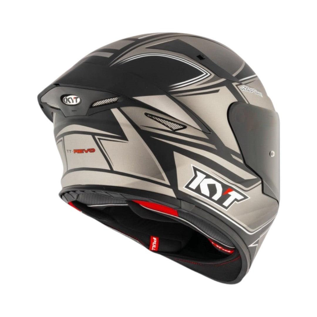 Motodrift KYT TT Revo Tourist motorcycle helmet in grey and black with aerodynamic spoiler and visor