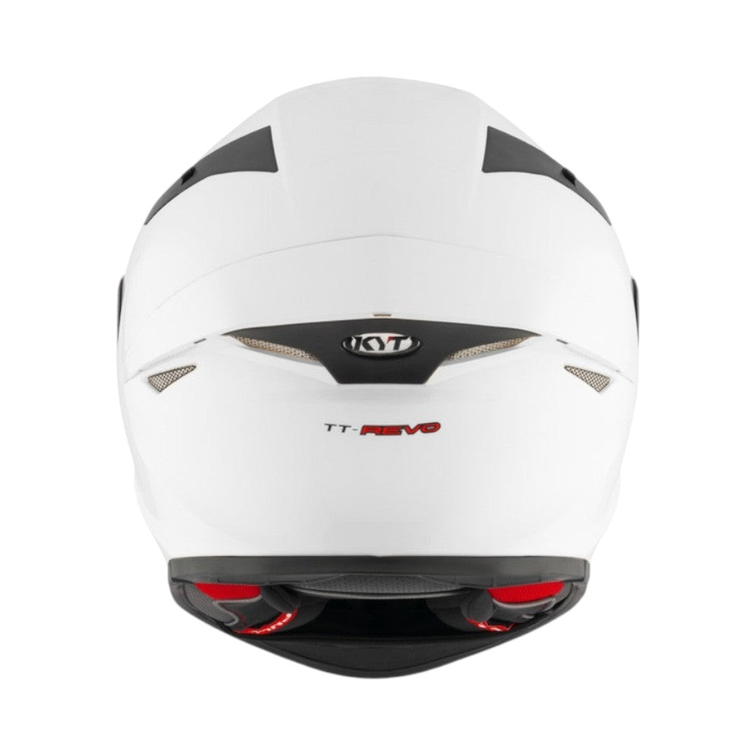 Motodrift KYT TT Revo Plain white sport touring helmet, rear view showing aerodynamic shell and ventilation ports.