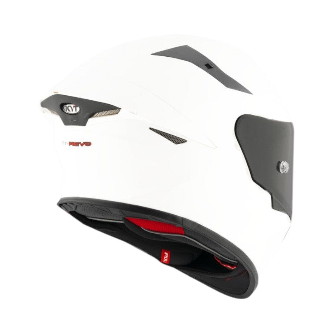 Motodrift KYT TT Revo plain white sport touring motorcycle helmet, rear view showing aerodynamic shell and vents.
