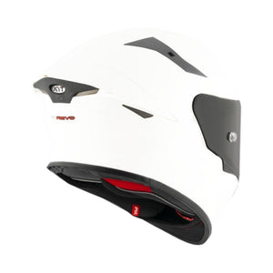 Motodrift KYT TT Revo plain white sport touring motorcycle helmet, rear view showing aerodynamic shell and vents.