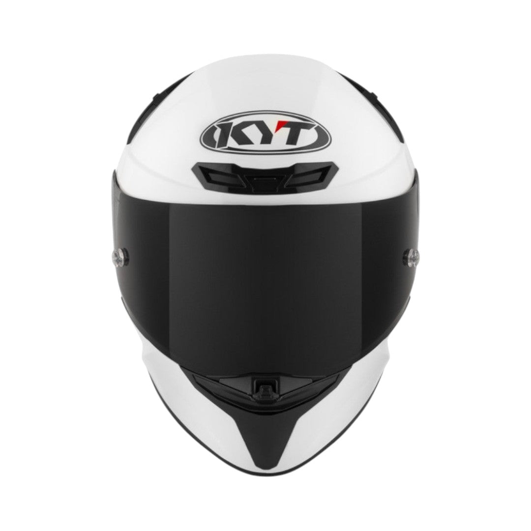 Motodrift KYT TT Revo Plain white sport touring motorcycle helmet with a dark tinted visor, front view.