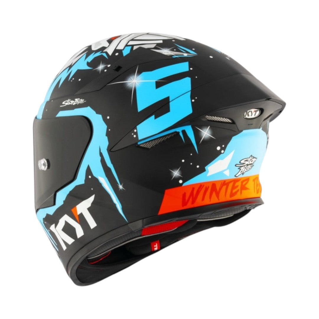 Motodrift KYT TT Revo Jaume Masia Winter Test replica motorcycle helmet in matte black with blue and orange graphics