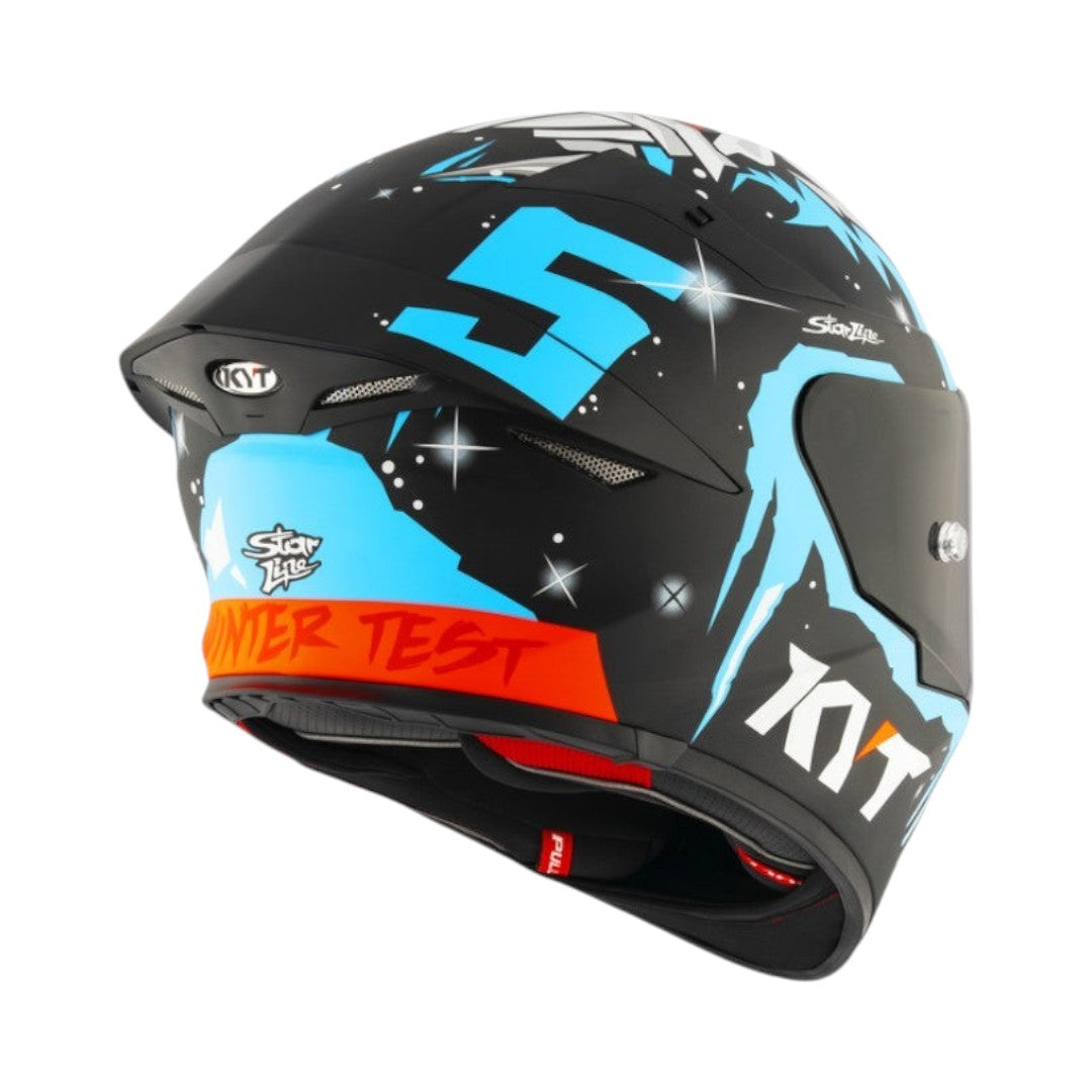 Motodrift KYT TT Revo Jaume Masia Winter Test replica helmet in matte black with blue and orange racing graphics