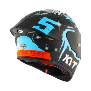 Motodrift KYT TT Revo Jaume Masia Winter Test replica helmet in matte black with blue and orange racing graphics