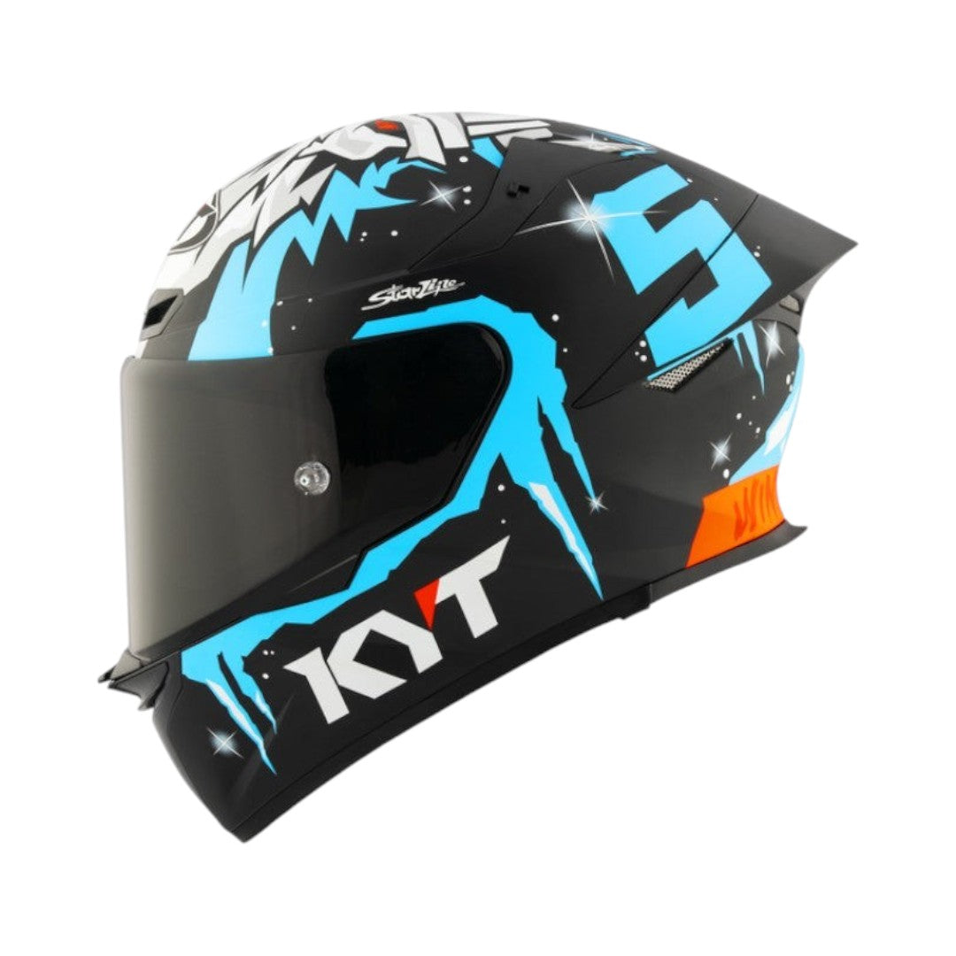 Motodrift KYT TT Revo Jaume Masia Winter Test Replica helmet in matte black with blue and white graphic details.