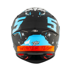 Motodrift KYT TT Revo Jaume Masia Winter Test replica helmet in matte black with blue and orange graphic details.
