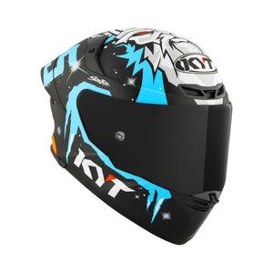 Motodrift KYT TT Revo Jaume Masia Winter Test replica helmet in matte black with blue and white graphic accents.