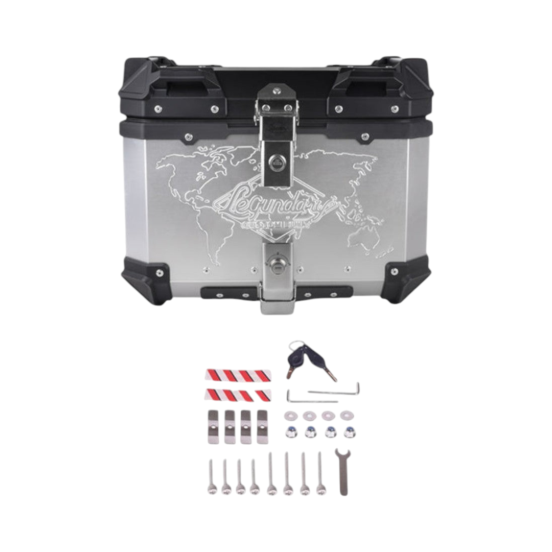 Motodrift Legundary Fort Knox 45L aluminium motorcycle top box with world map engraving and included mounting hardware