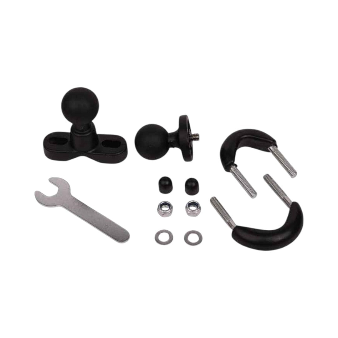Motodrift LGP camera mount handle fitting kit with ball joints, U-bolt clamp, nuts, washers, and wrench on white.