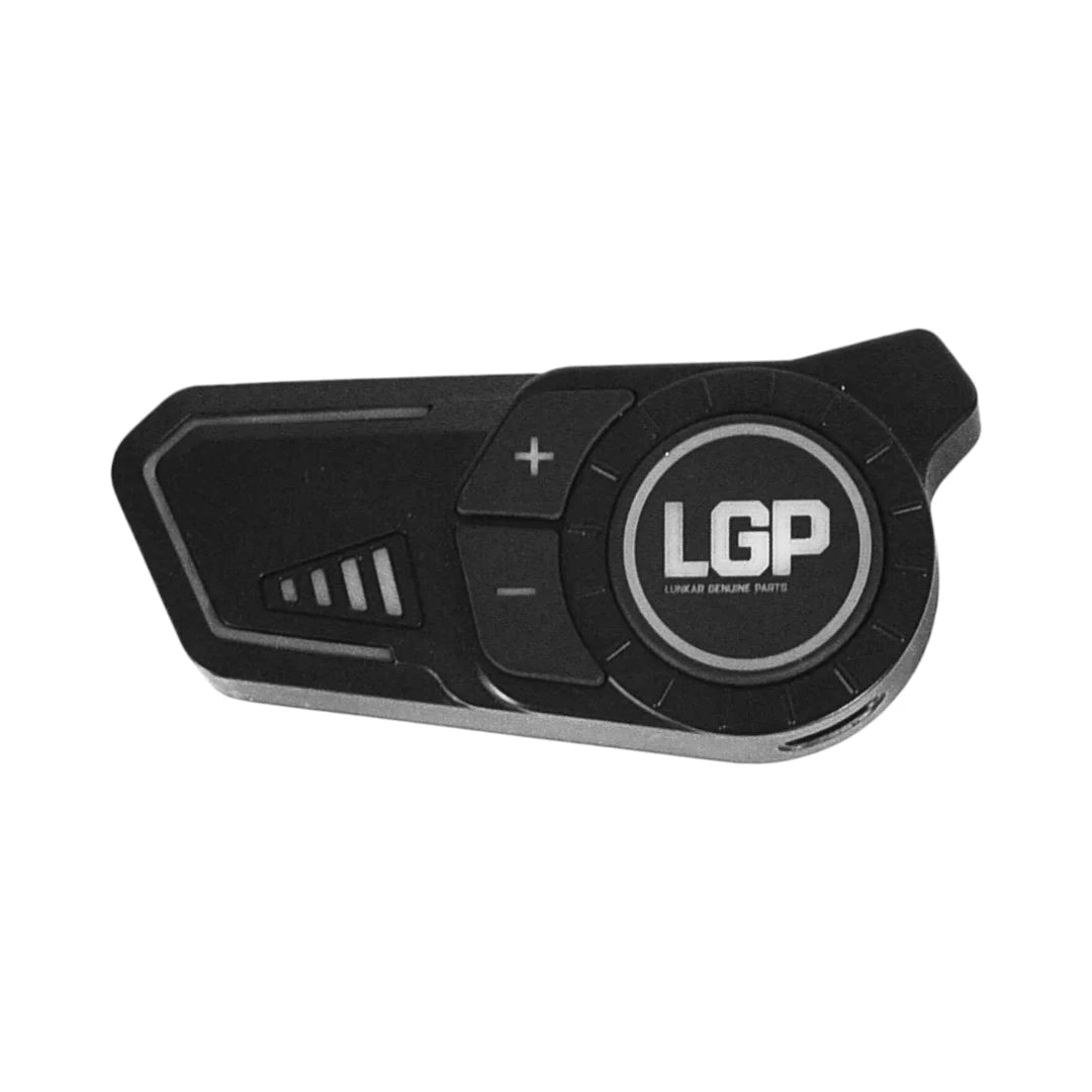 Motodrift LGP F20 Pro Bluetooth motorcycle helmet intercom in black with volume controls and RGB LED indicator