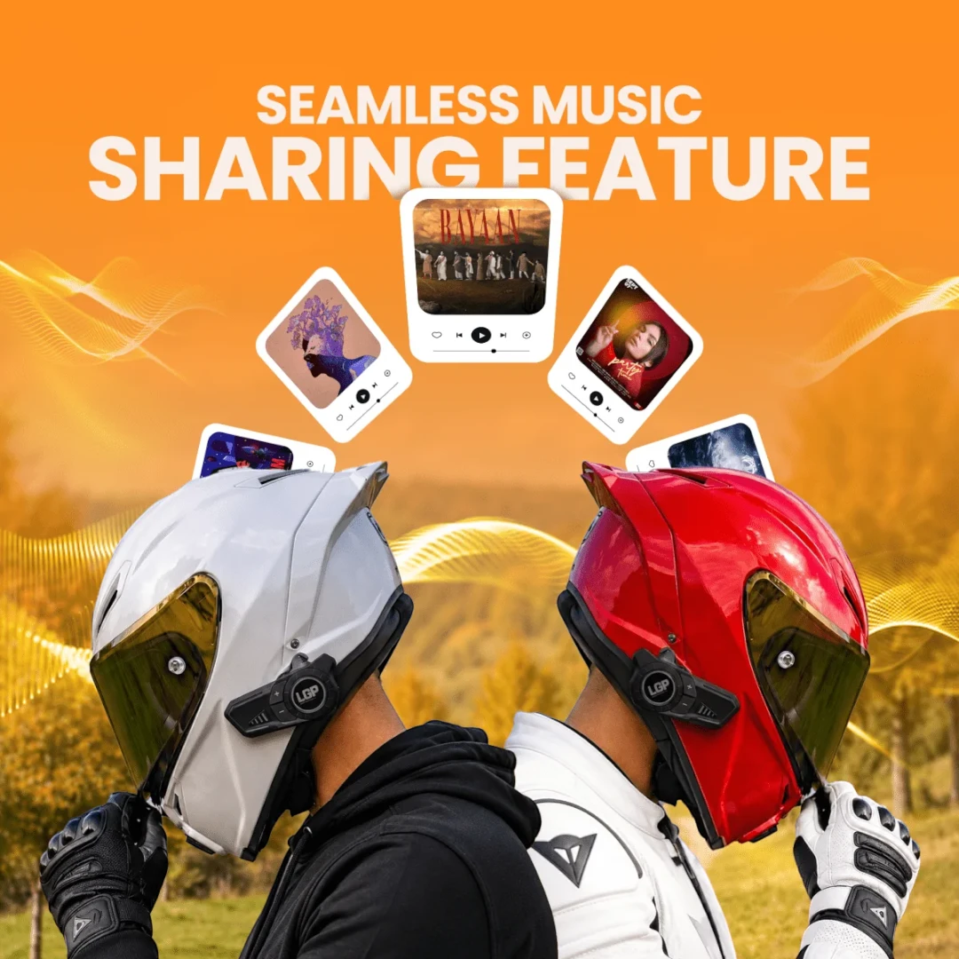 Motodrift LGP F20 Pro helmet intercoms on white and red motorcycle helmets with music sharing feature displayed